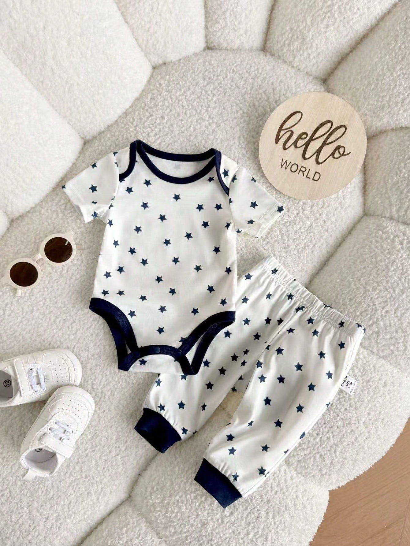 6pcs Baby Boys Bear Stripe & Star Print Bodysuit & Pants Set - Midn...