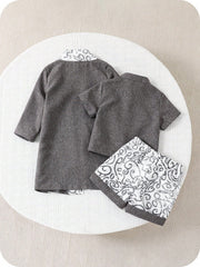 3pcs Boys Scrollwork Print Cardigan, Shirt & Shorts Set - Slate | 2...