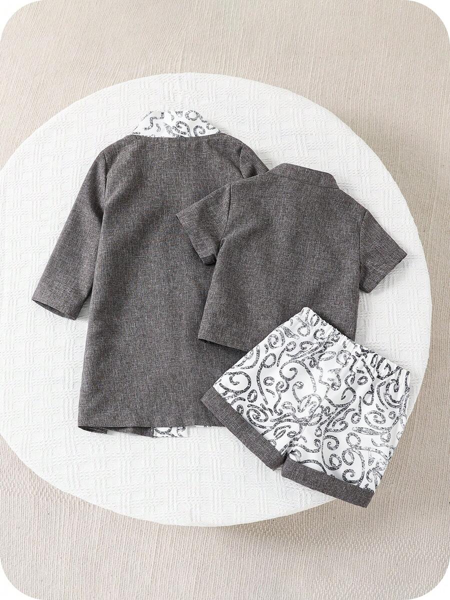 3pcs Boys Scrollwork Print Cardigan, Shirt & Shorts Set - Slate | 2...