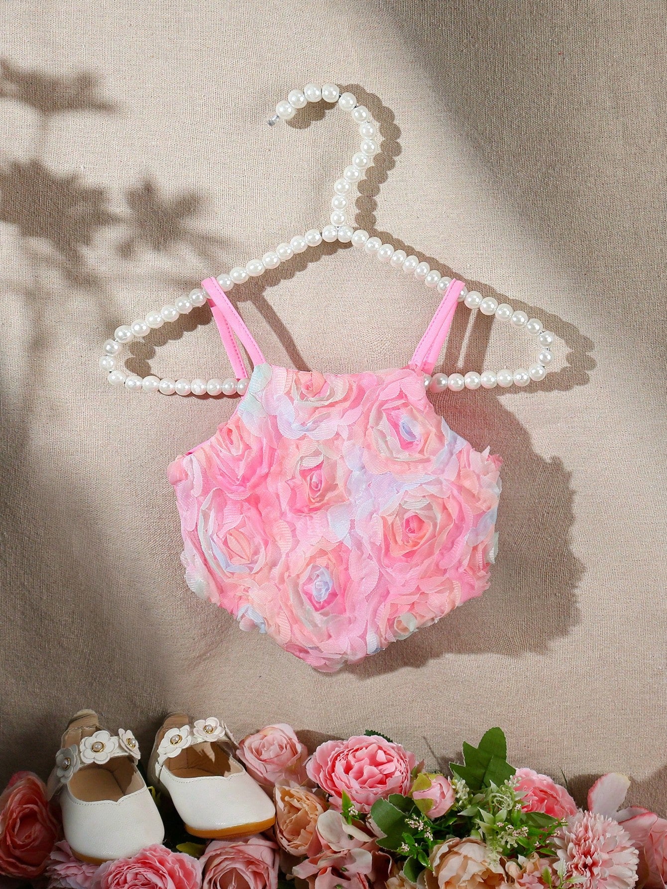 Baby Girls 3D Rose Appliqué Spaghetti Strap Romper - Blush