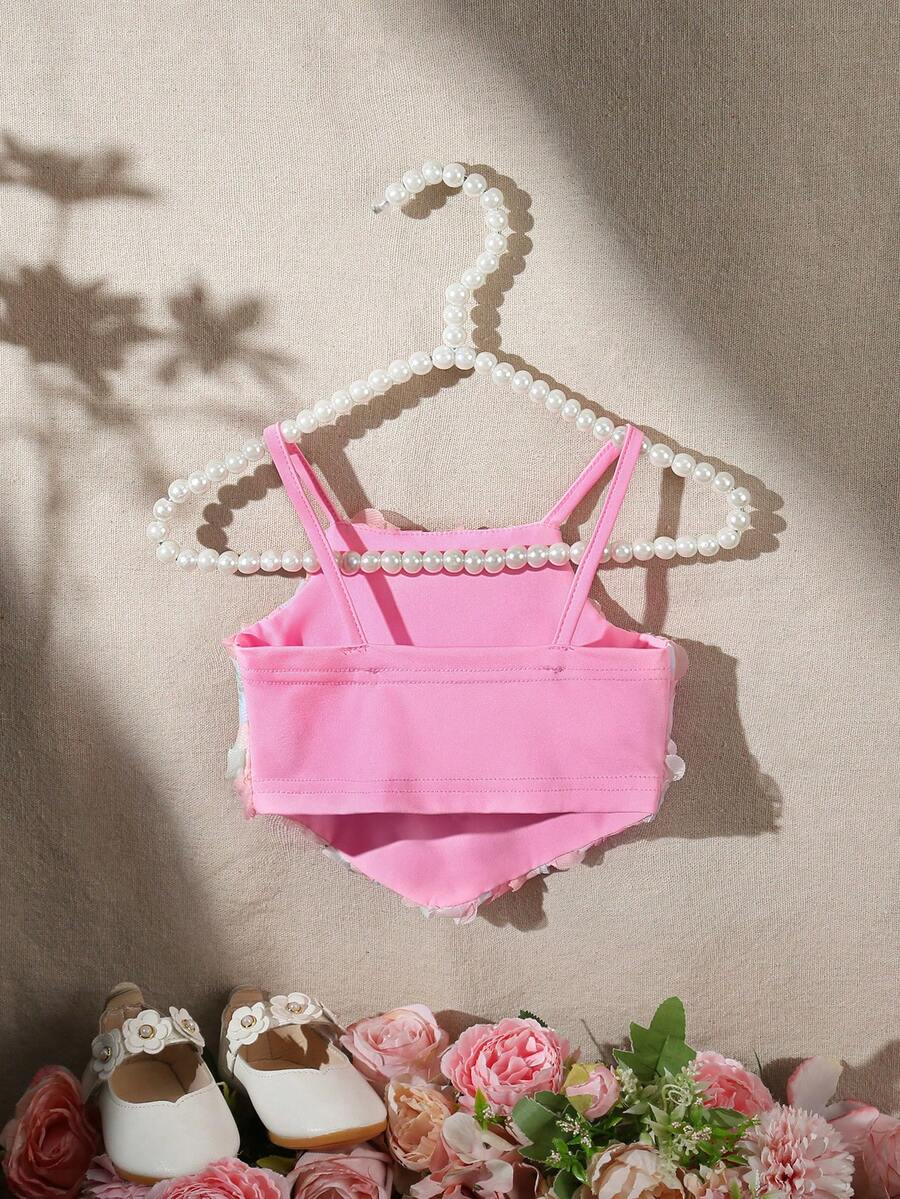 Baby Girls 3D Rose Appliqué Spaghetti Strap Romper - Blush