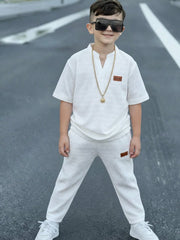 2pcs Big Boys Applique V-Neck Tee & Pants Set - Ivory