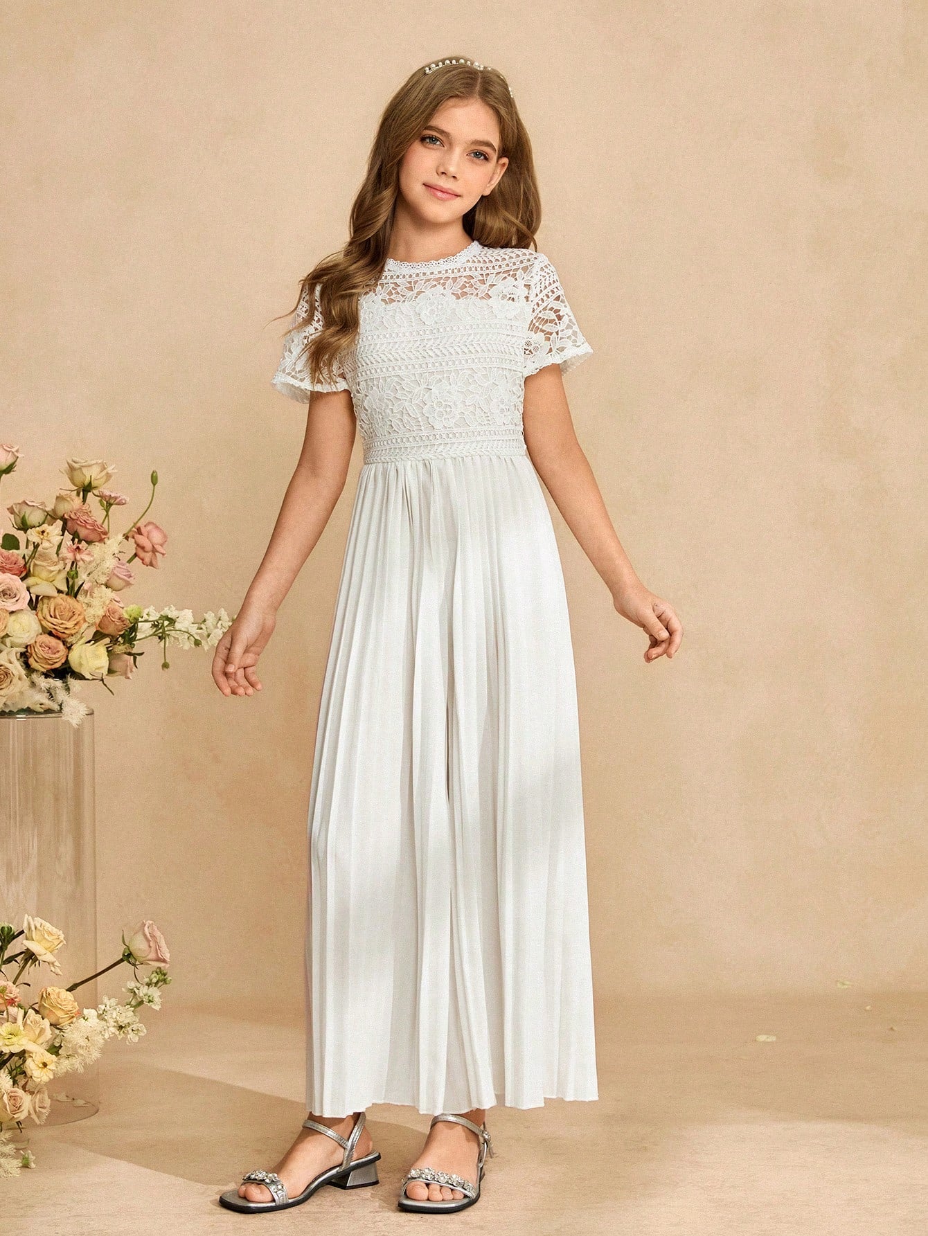 Big Girls Floral Lace Bodice Pleated Wide-Leg Jumpsuit - Ivory | 21...