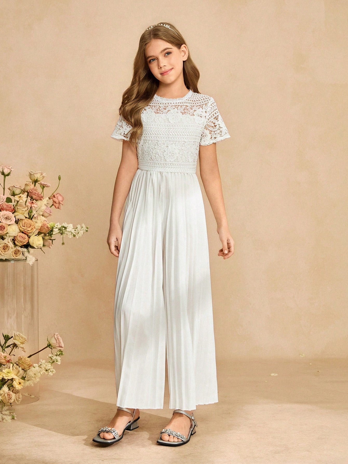 Big Girls Floral Lace Bodice Pleated Wide-Leg Jumpsuit - Ivory | 21...