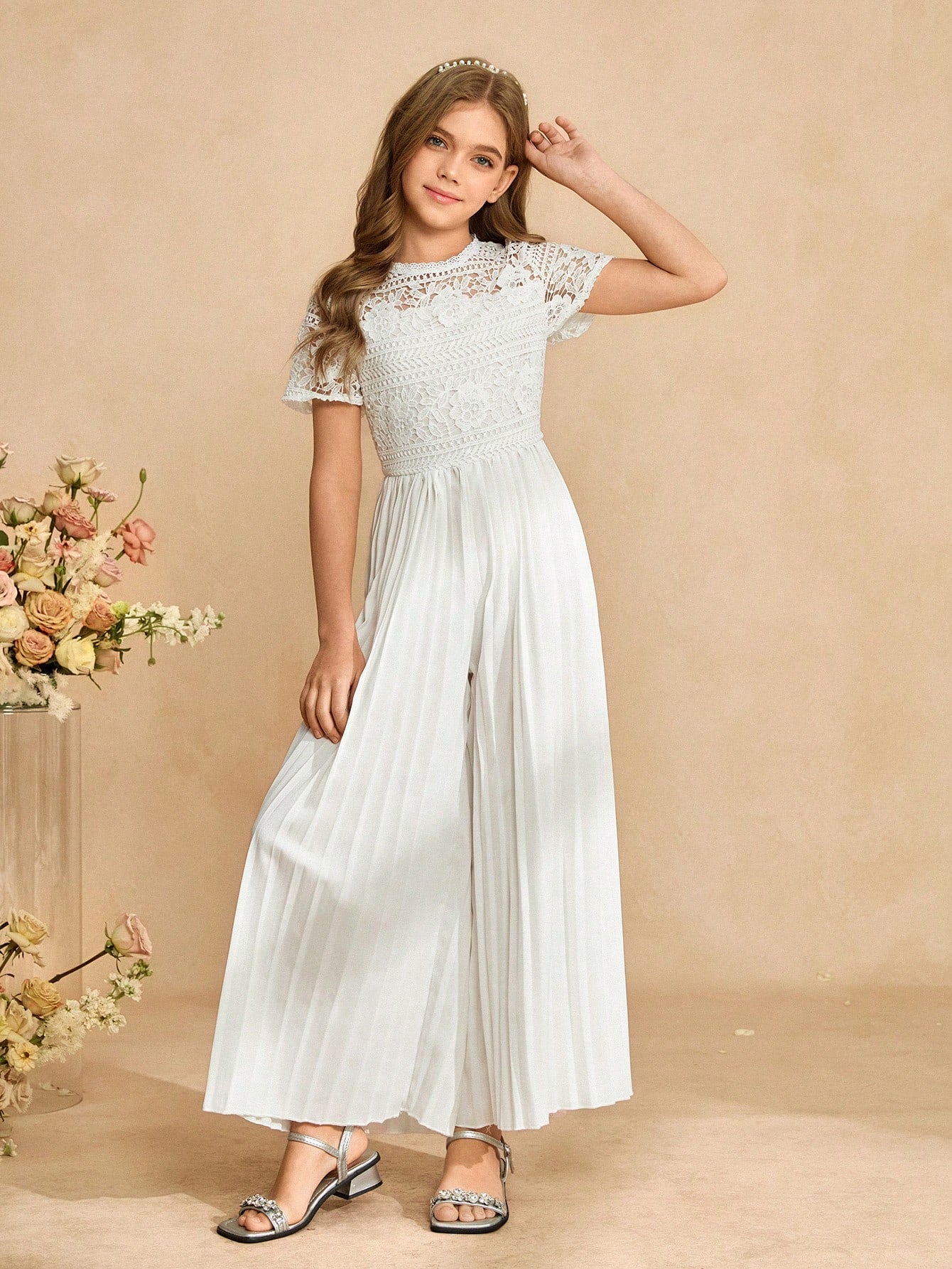 Big Girls Floral Lace Bodice Pleated Wide-Leg Jumpsuit - Ivory | 21...