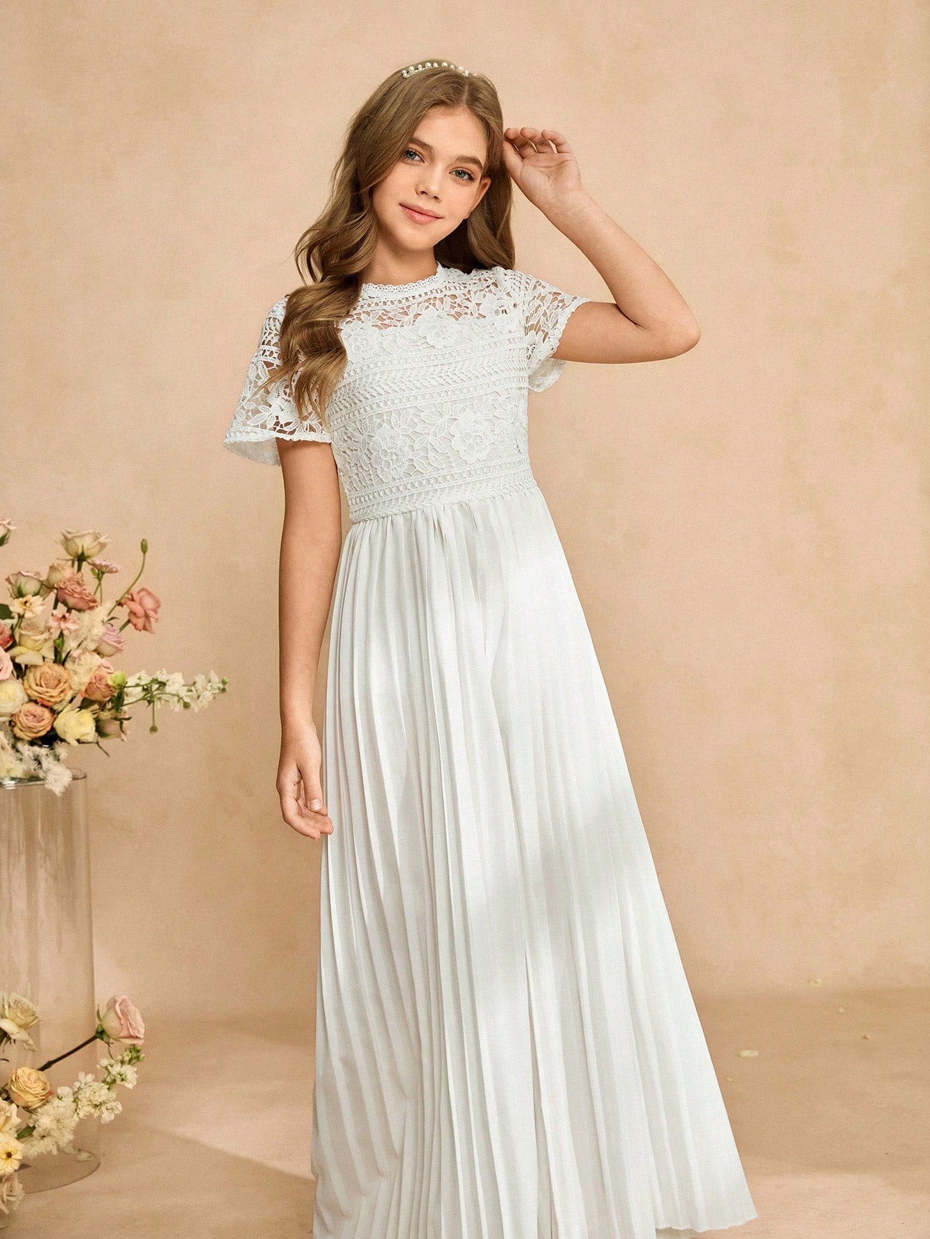 Big Girls Floral Lace Bodice Pleated Wide-Leg Jumpsuit - Ivory | 21...