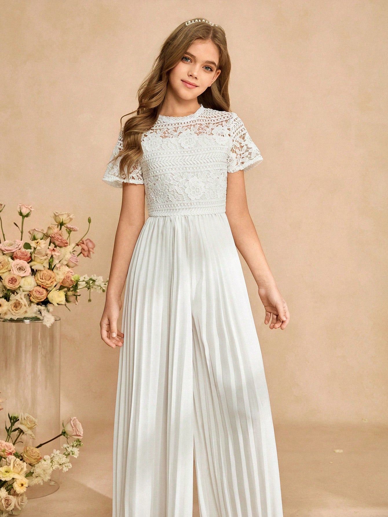 Big Girls Floral Lace Bodice Pleated Wide-Leg Jumpsuit - Ivory | 21...