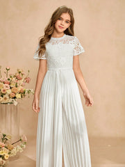 Big Girls Floral Lace Bodice Pleated Wide-Leg Jumpsuit - Ivory | 21...