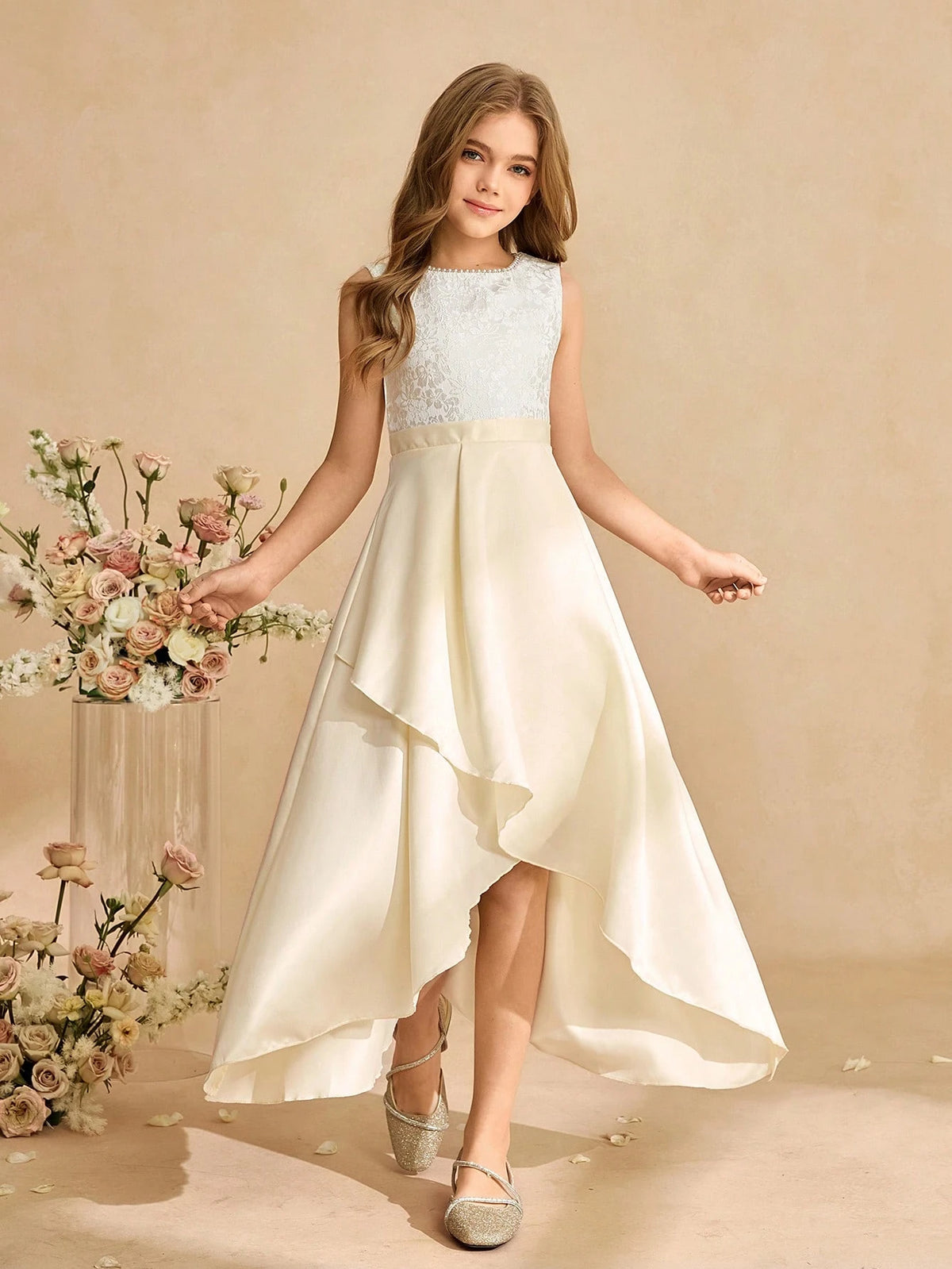 Big Girls Lace Bodice Satin Hi-Low Formal Dress - Champagne | 21 Ce...