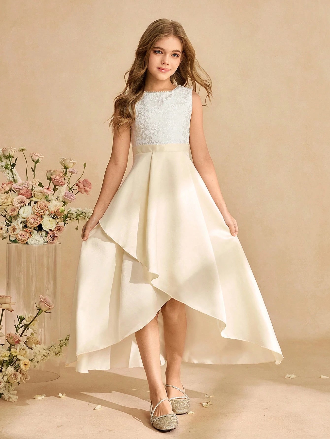 Big Girls Lace Bodice Satin Hi-Low Formal Dress - Champagne | 21 Ce...