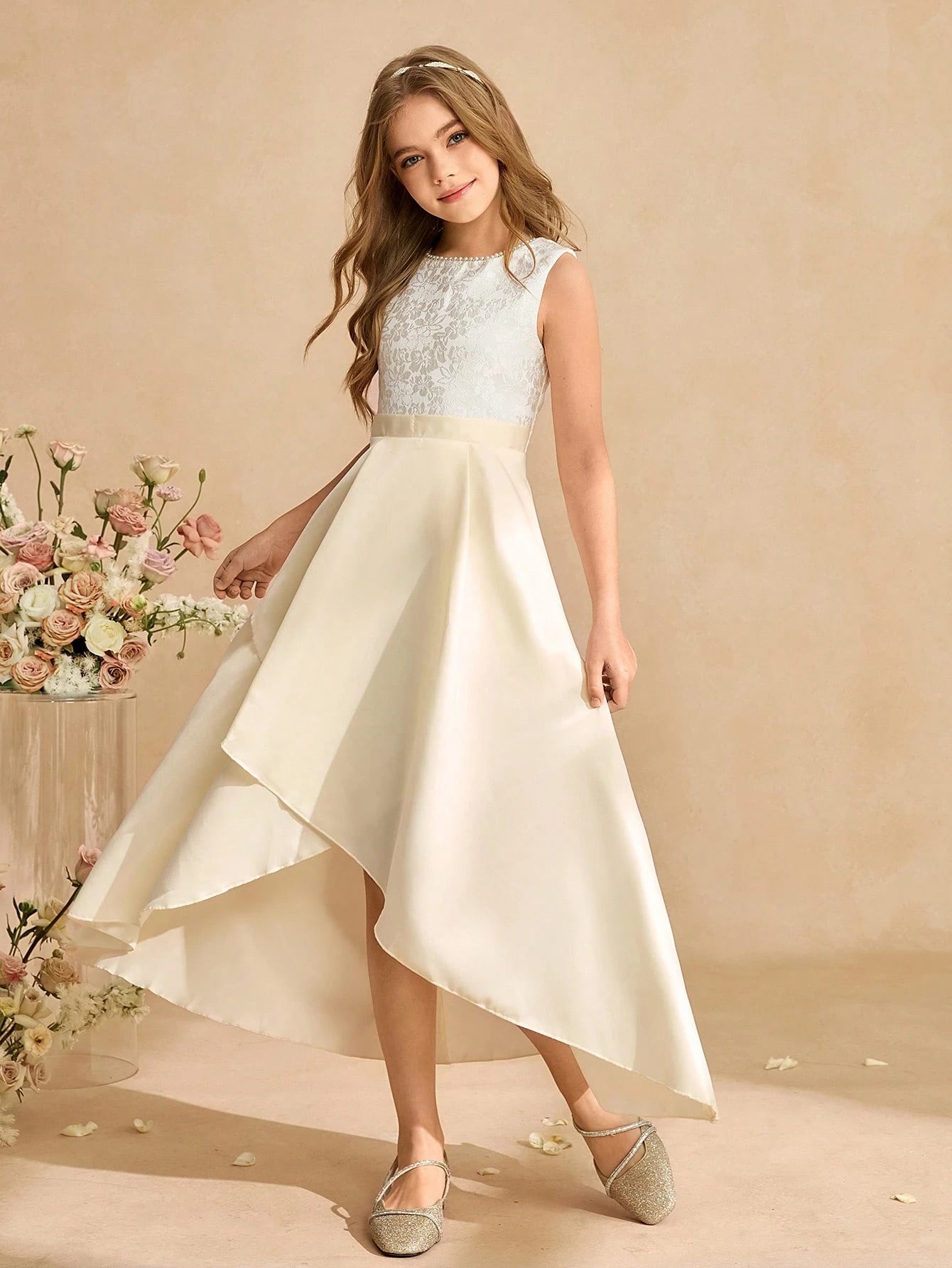Big Girls Lace Bodice Satin Hi-Low Formal Dress - Champagne | 21 Ce...