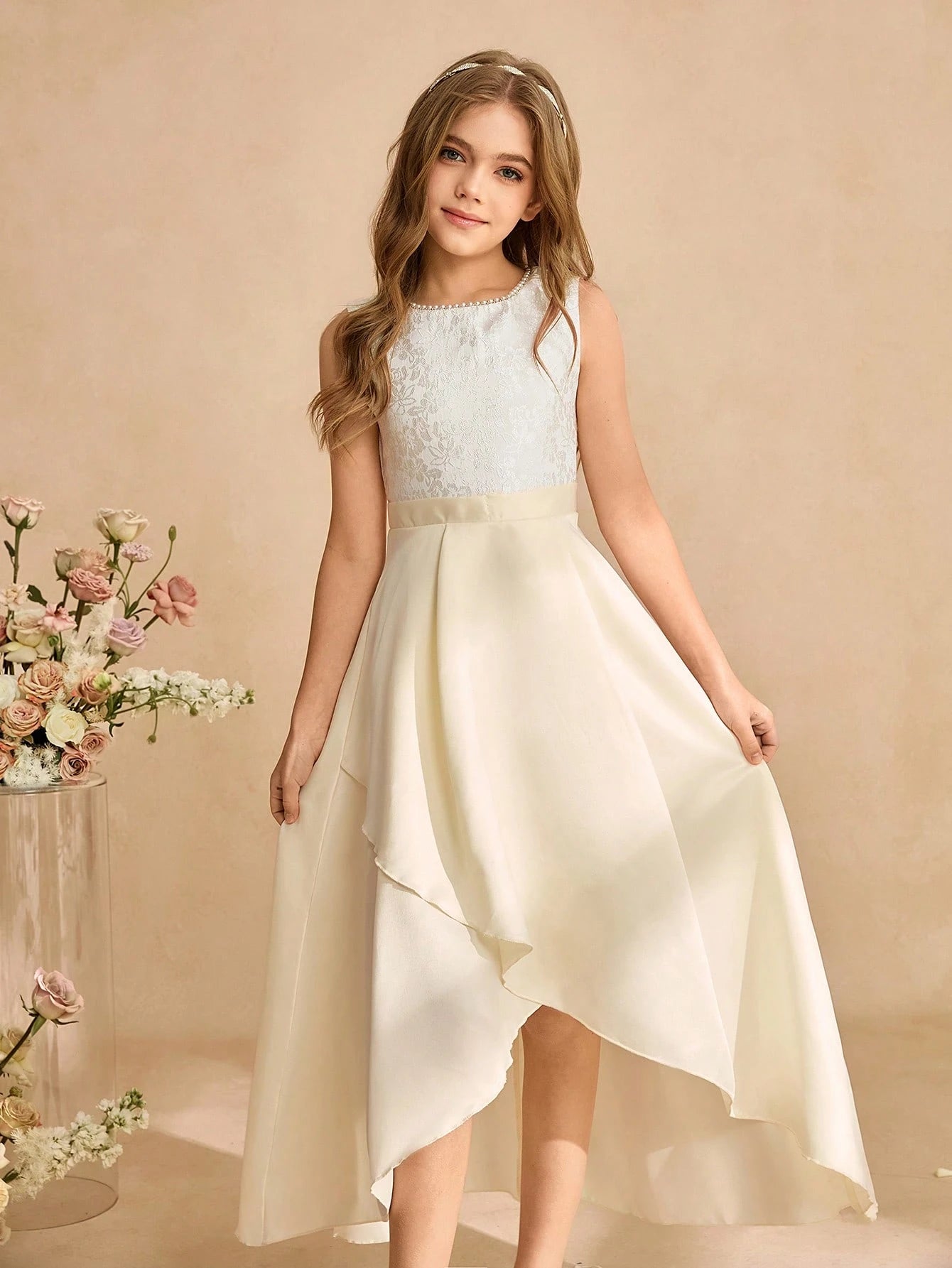 Big Girls Lace Bodice Satin Hi-Low Formal Dress - Champagne | 21 Ce...