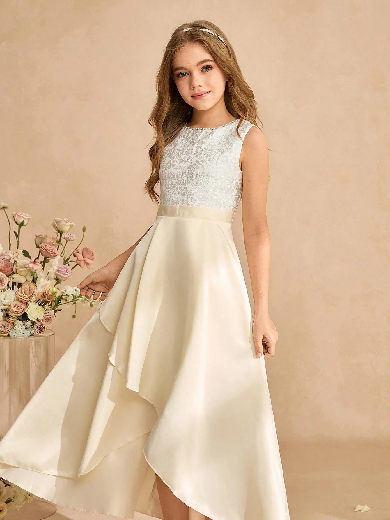 Big Girls Lace Bodice Satin Hi-Low Formal Dress - Champagne | 21 Ce...