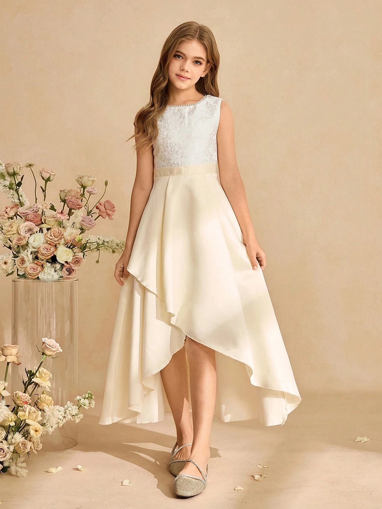 Big Girls Lace Bodice Satin Hi-Low Formal Dress - Champagne | 21 Ce...