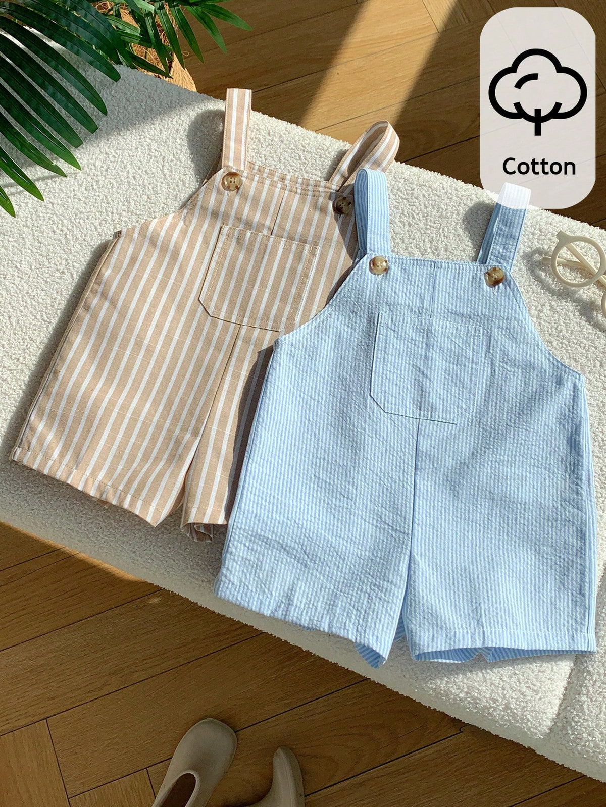 Little Boys Striped Cotton Bib Overall Shorts Set - Cerulean