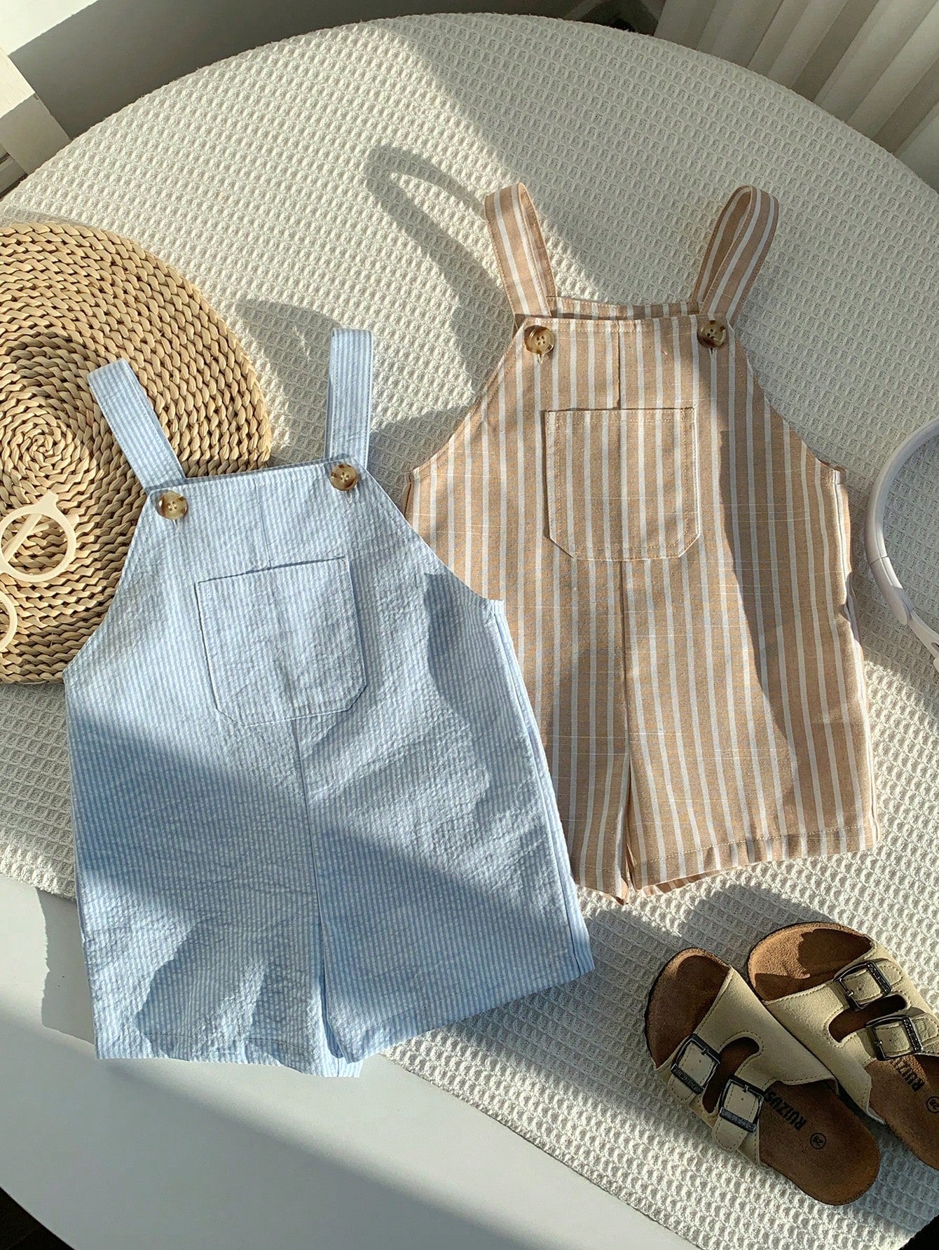 Little Boys Striped Cotton Bib Overall Shorts Set - Cerulean