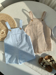 Little Boys Striped Cotton Bib Overall Shorts Set - Cerulean