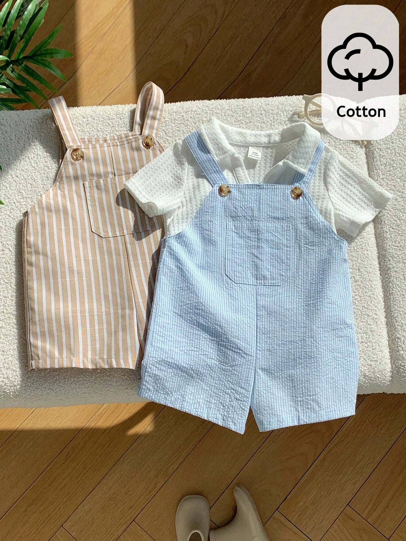 Little Boys Striped Cotton Bib Overall Shorts Set - Cerulean