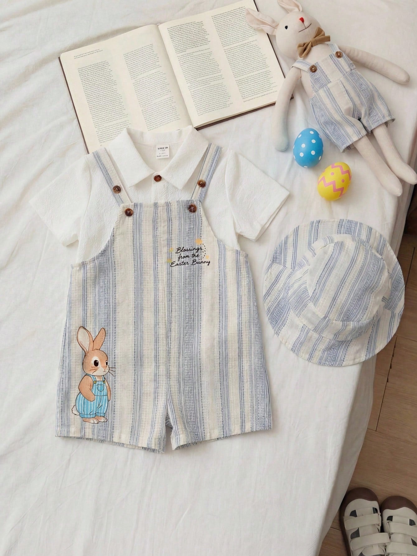 2pcs Boys Easter Bunny Striped Dungaree Shorts & Hat Set - Ivory | ...