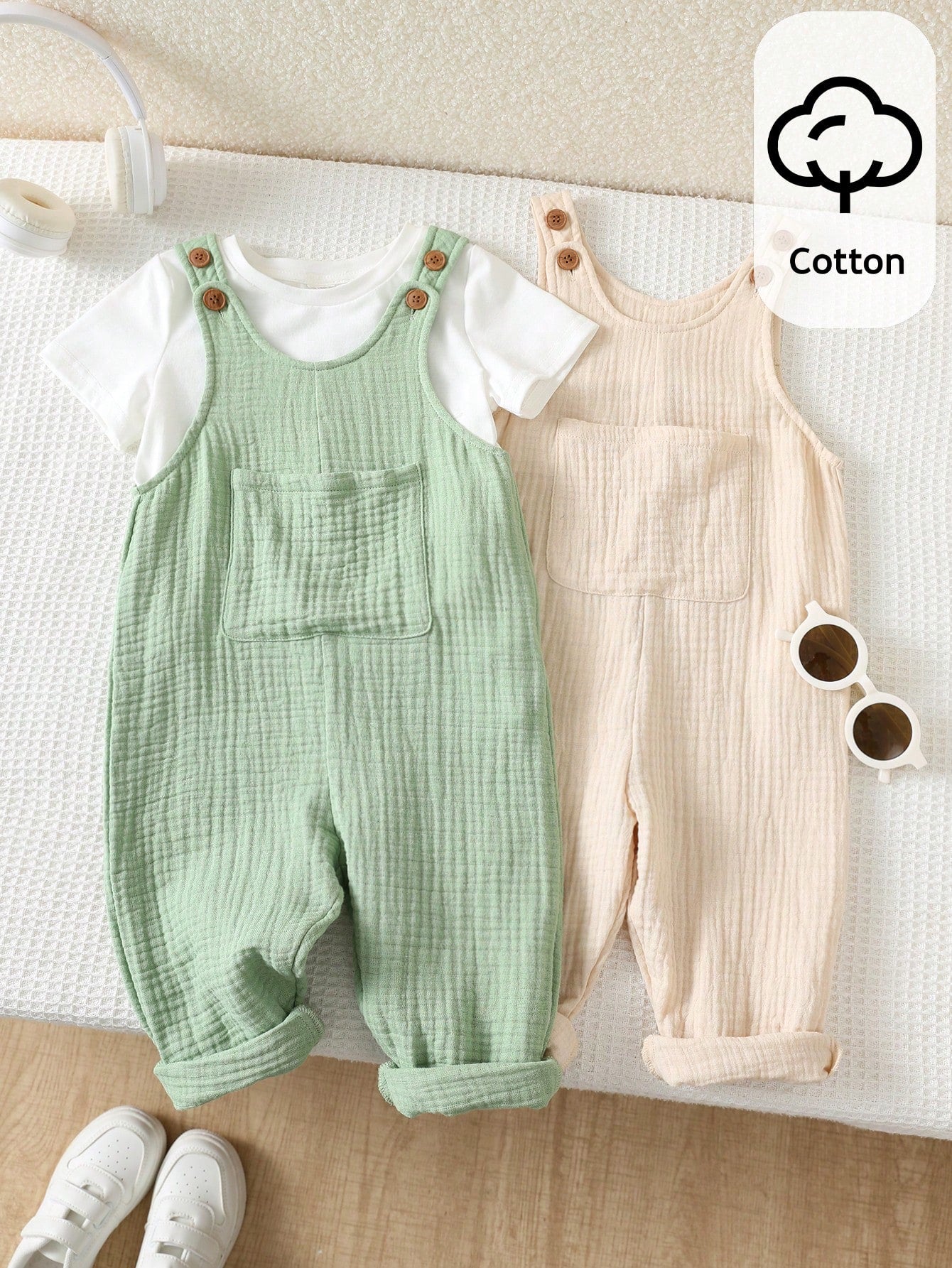 Baby Boys Cotton Muslin Overalls & Shirt Set - Sage