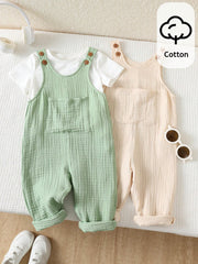 Baby Boys Cotton Muslin Overalls & Shirt Set - Sage