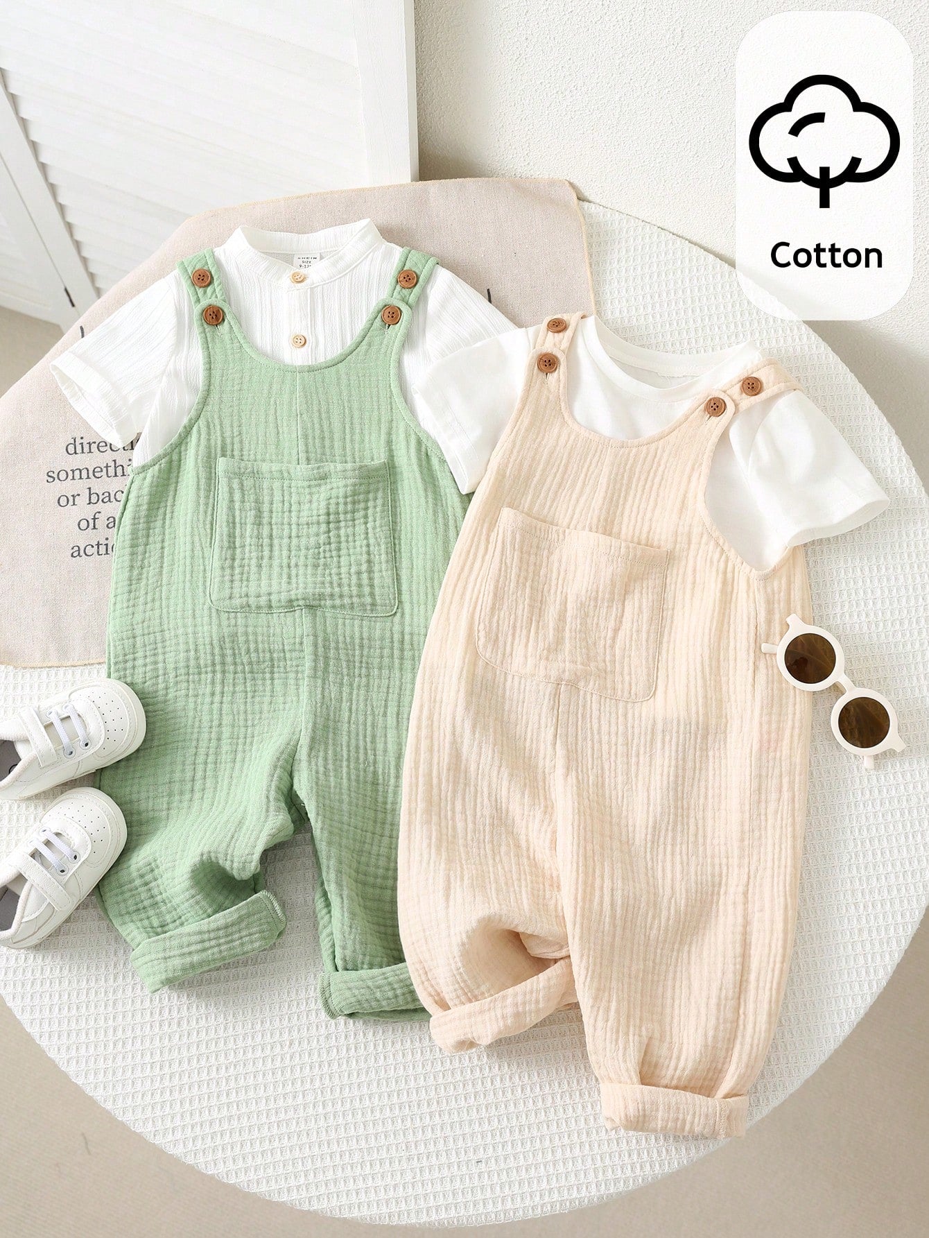 Baby Boys Cotton Muslin Overalls & Shirt Set - Sage