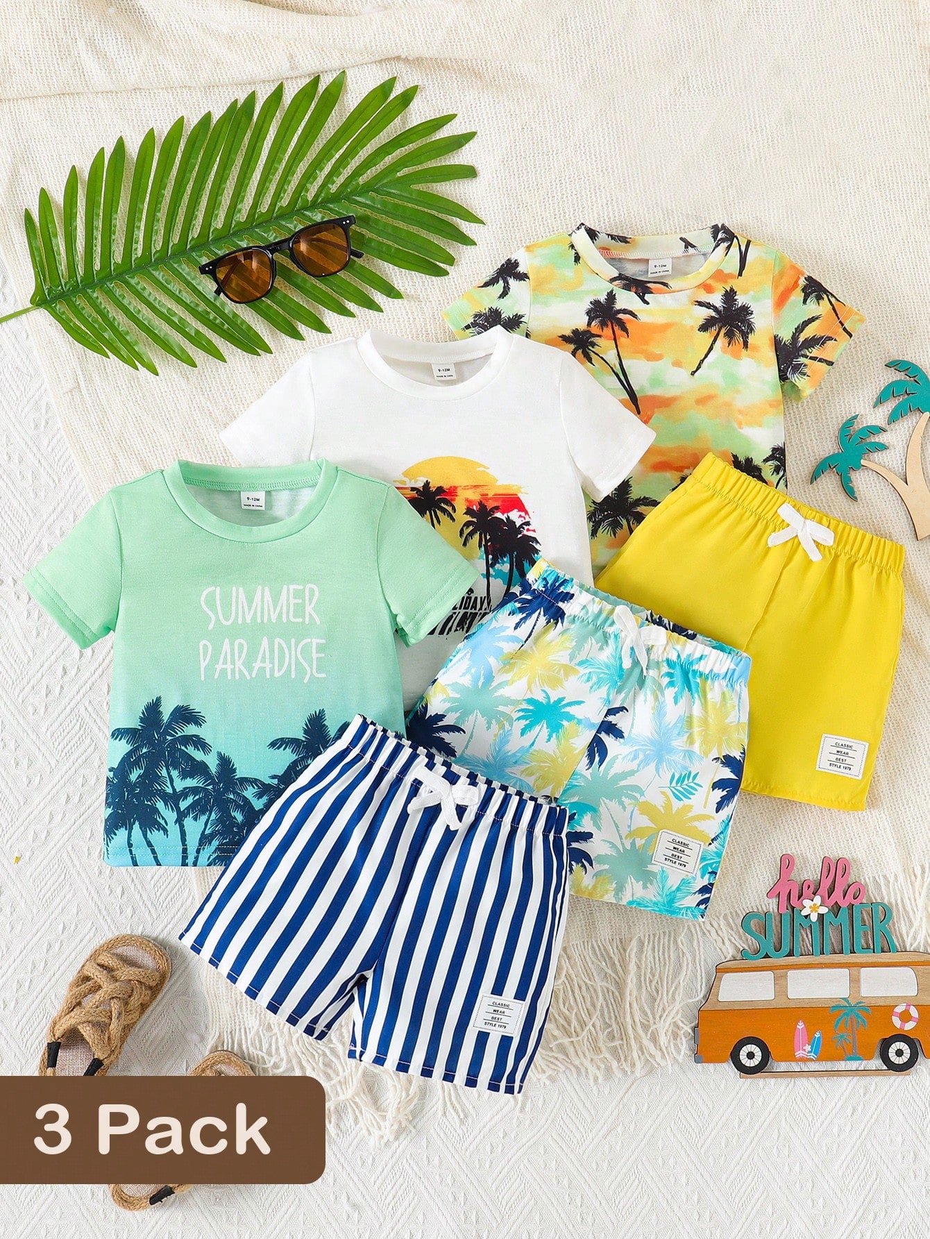 3pcs Boys Tropical Palm Print Resort Shorts Set - Indigo | 21 Centu...