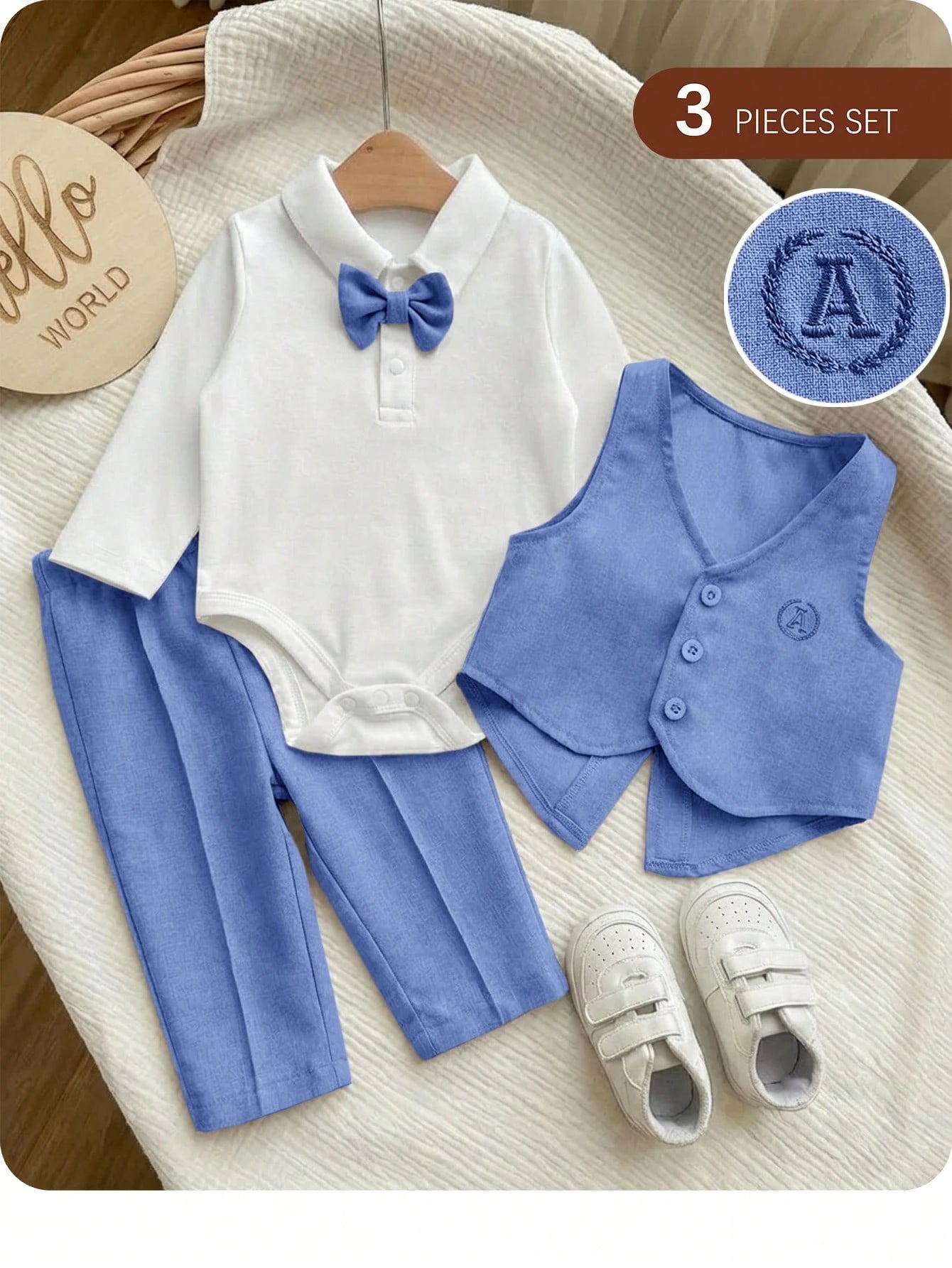3pcs Baby Boys Bow Tie Bodysuit, Waistcoat & Trousers Set - Cornflo...