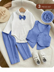 3pcs Baby Boys Bow Tie Bodysuit, Waistcoat & Trousers Set - Cornflo...