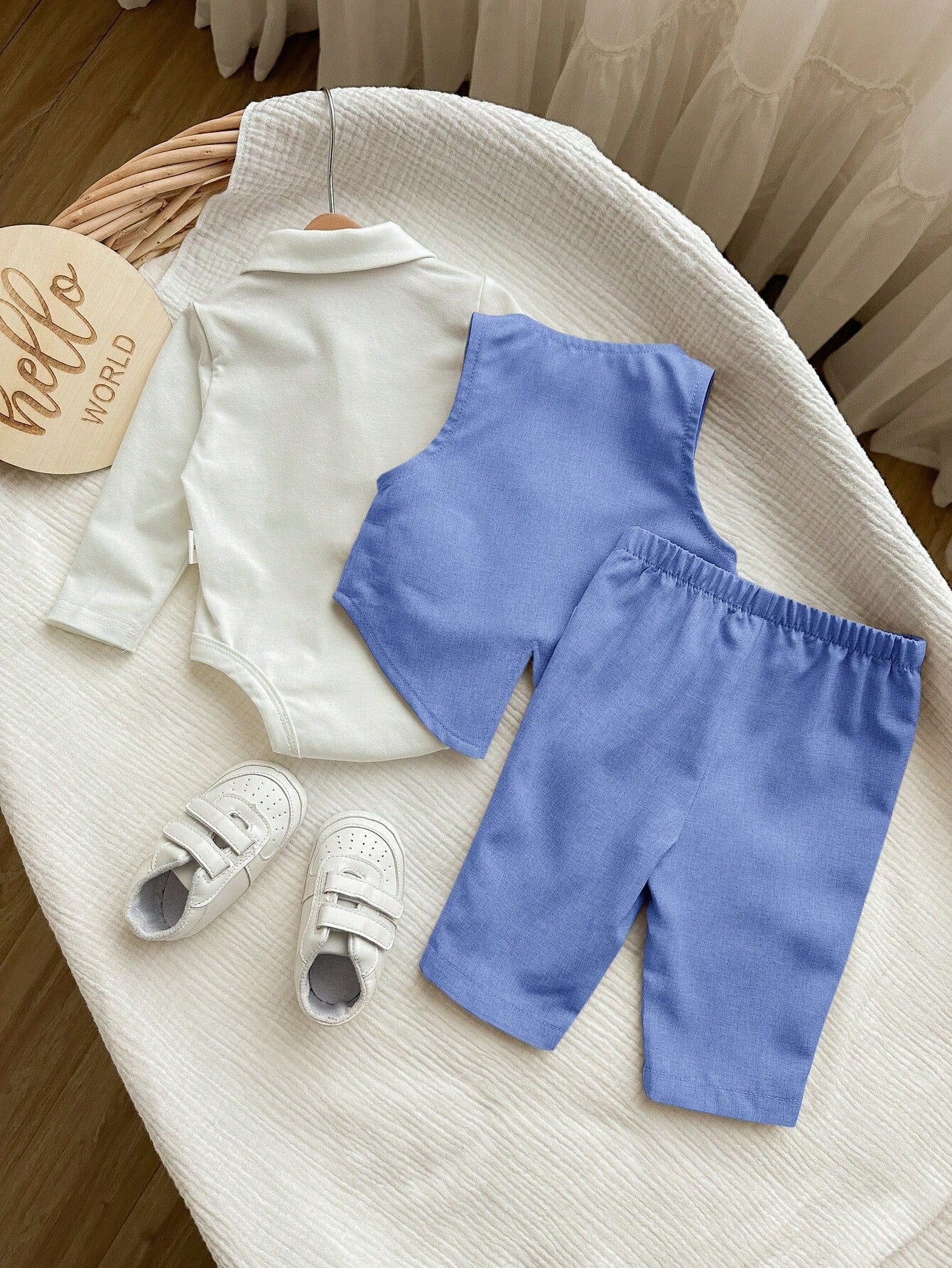 3pcs Baby Boys Bow Tie Bodysuit, Waistcoat & Trousers Set - Cornflo...