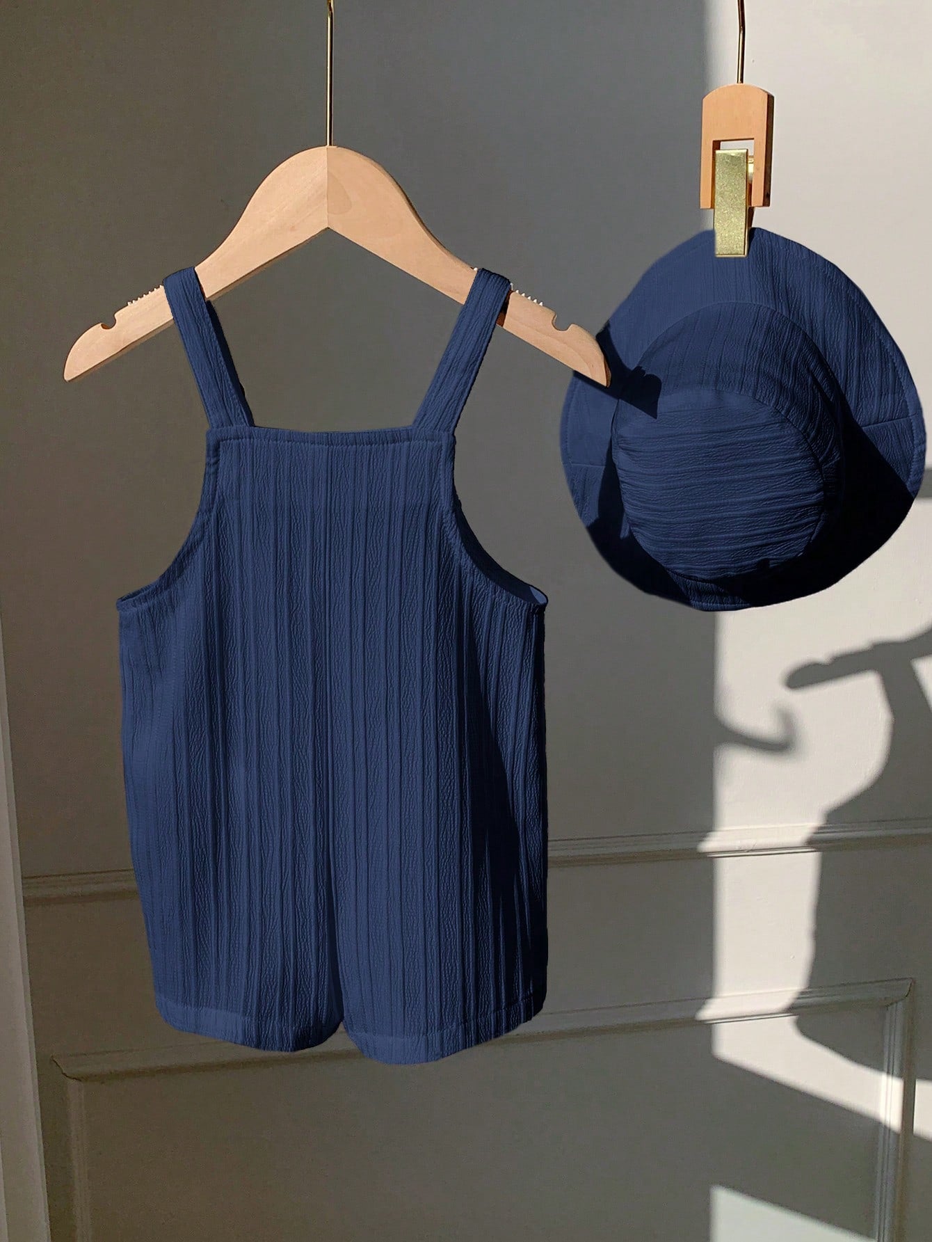 2pcs Unisex Textured Dungaree Romper & Bucket Hat Set - Indigo | 21...