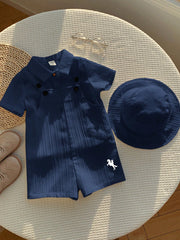 2pcs Unisex Textured Dungaree Romper & Bucket Hat Set - Indigo | 21...