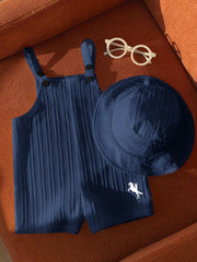 2pcs Unisex Textured Dungaree Romper & Bucket Hat Set - Indigo | 21...