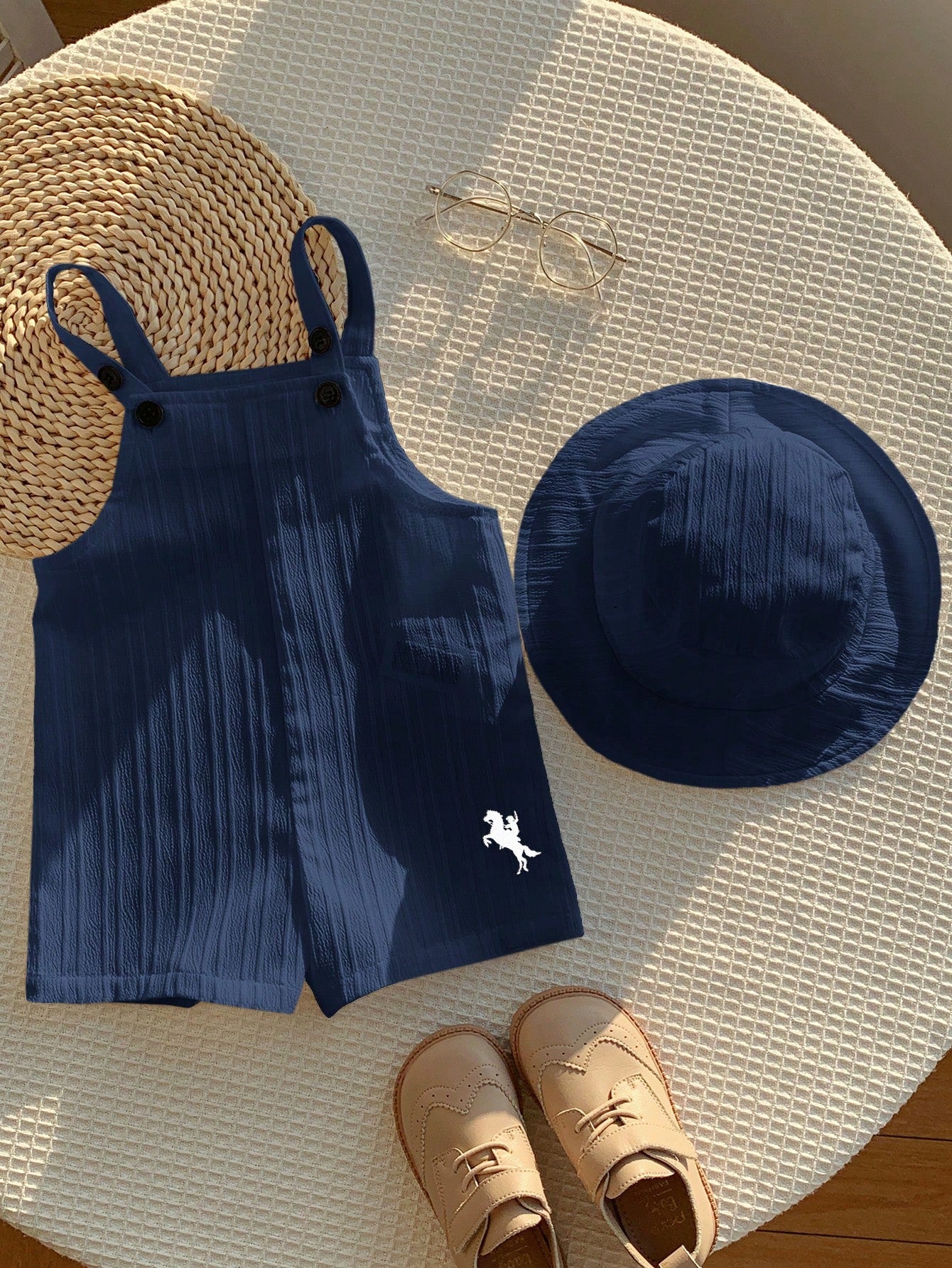 2pcs Unisex Textured Dungaree Romper & Bucket Hat Set - Indigo | 21...