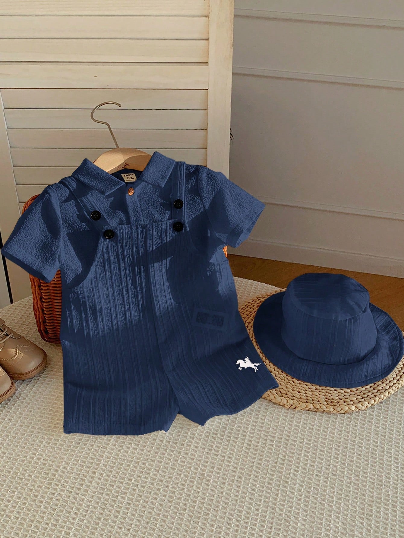 2pcs Unisex Textured Dungaree Romper & Bucket Hat Set - Indigo | 21...