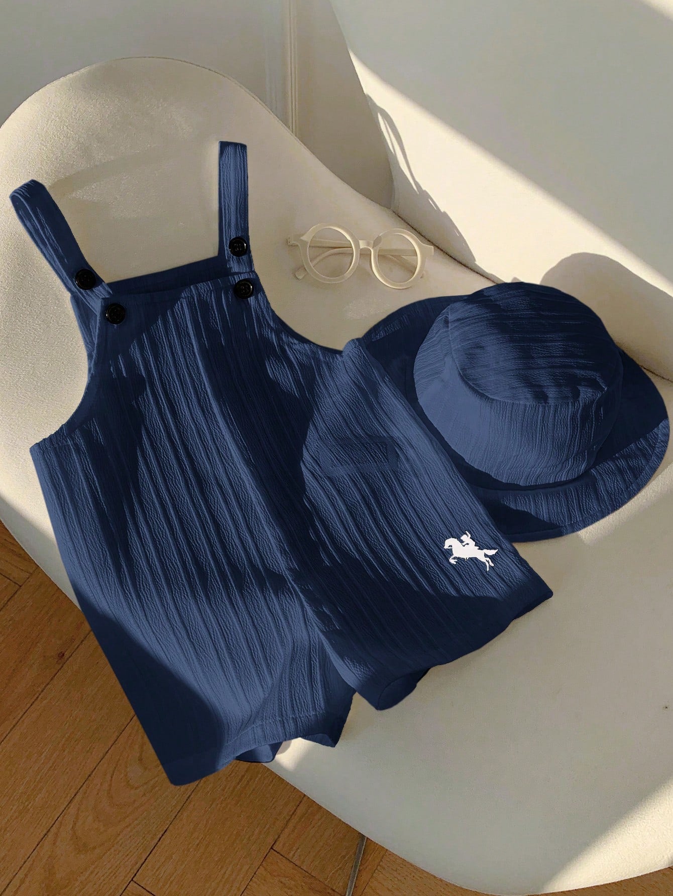 2pcs Unisex Textured Dungaree Romper & Bucket Hat Set - Indigo | 21...