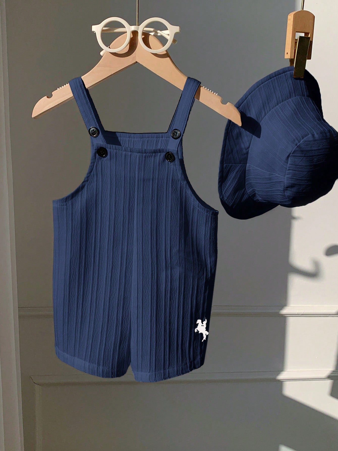 2pcs Unisex Textured Dungaree Romper & Bucket Hat Set - Indigo | 21...
