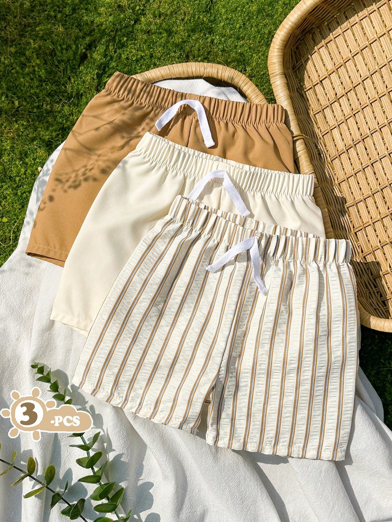 3pcs Boys Drawstring Elastic Waist Shorts Set - Ecru | 21 Century Kids