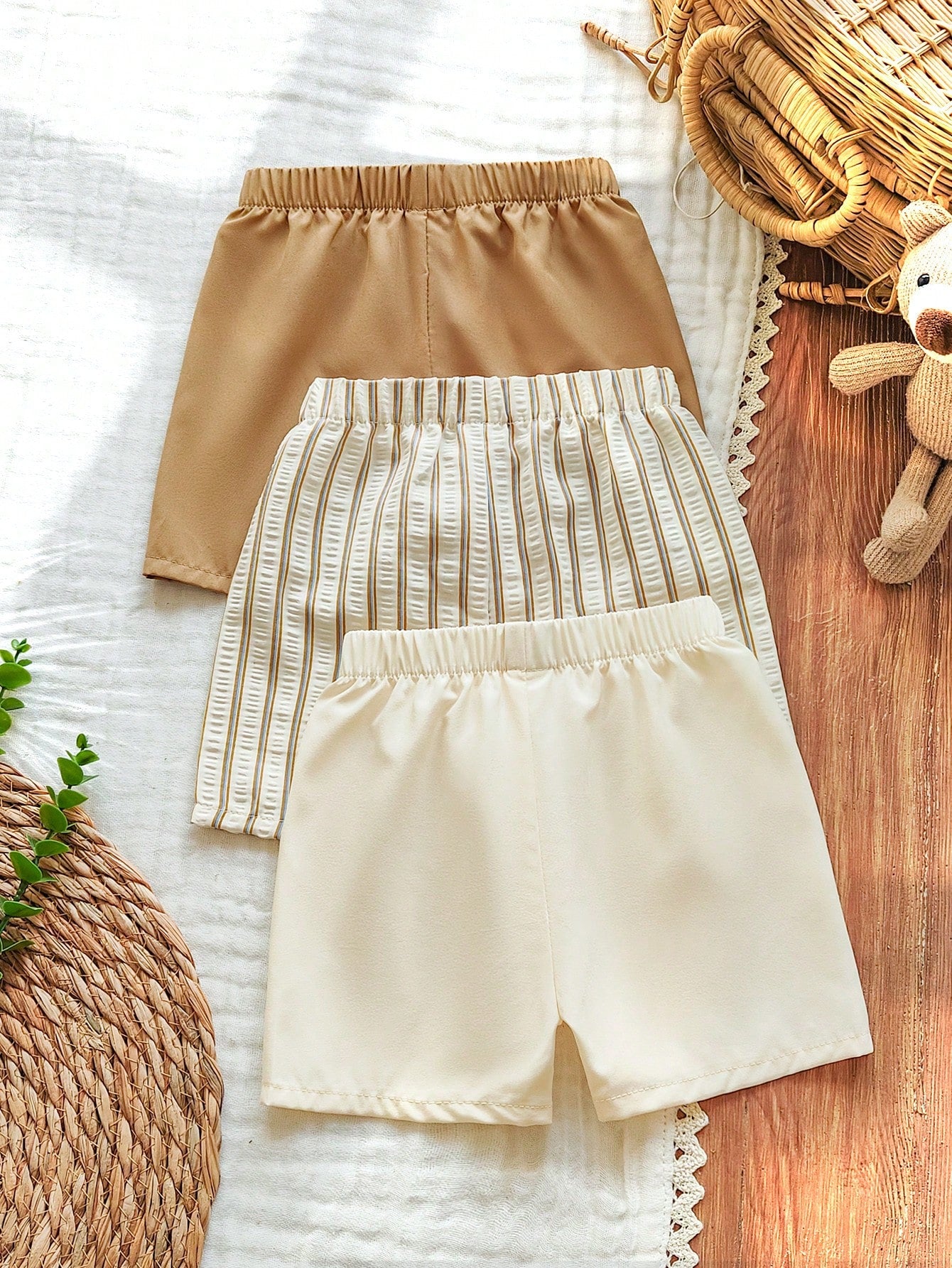 3pcs Boys Drawstring Elastic Waist Shorts Set - Ecru | 21 Century Kids