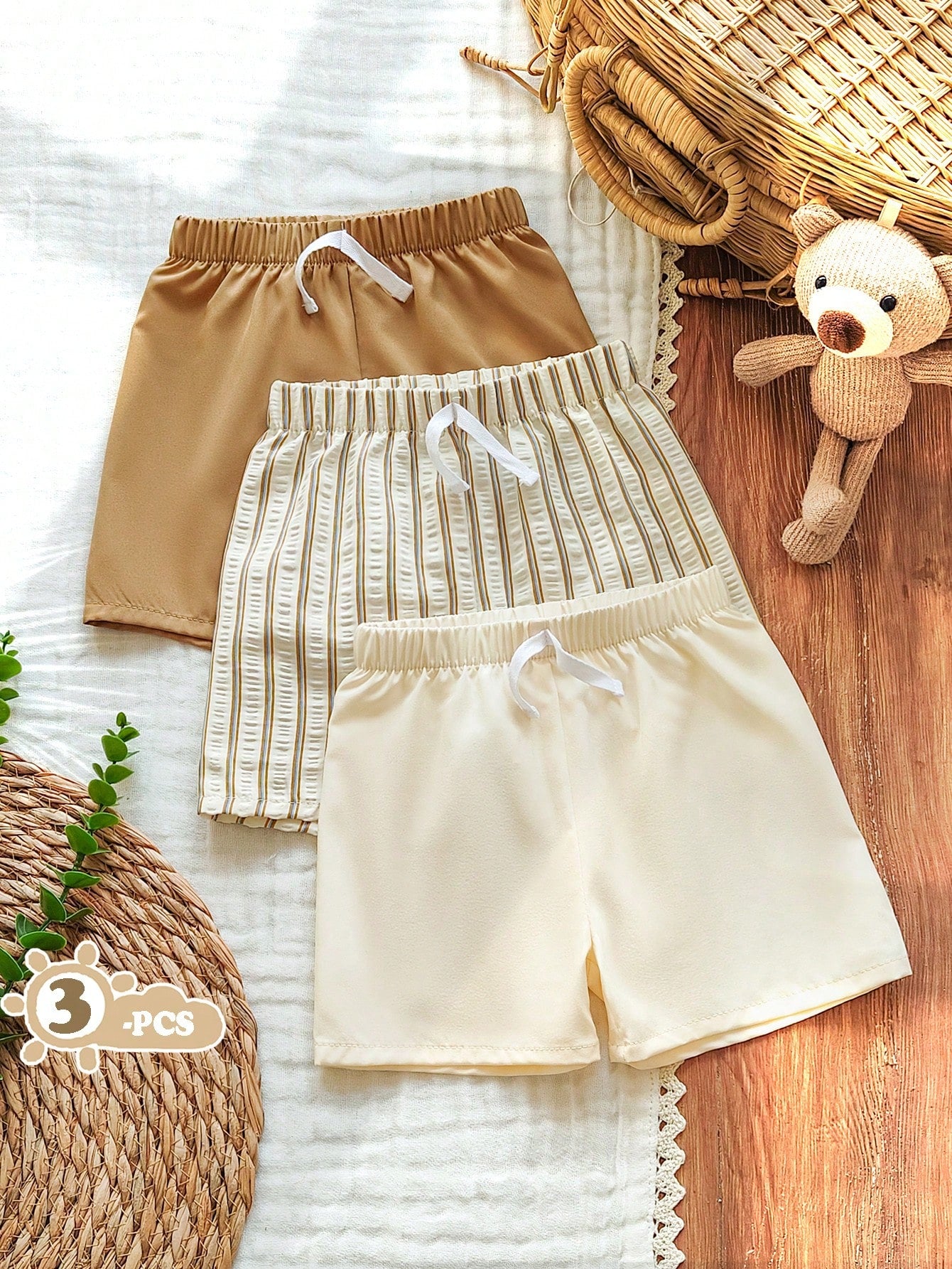 3pcs Boys Drawstring Elastic Waist Shorts Set - Ecru | 21 Century Kids