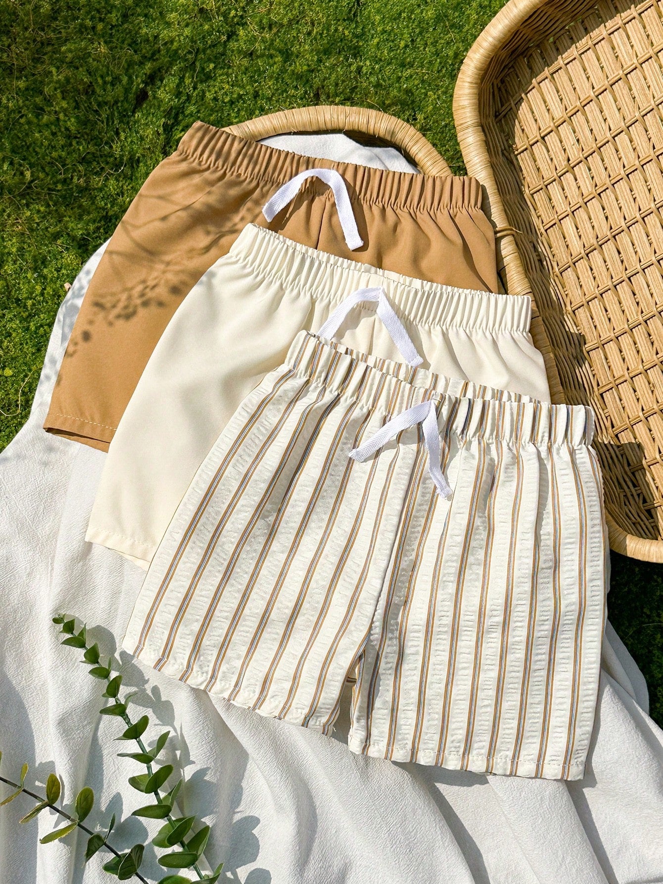 3pcs Boys Drawstring Elastic Waist Shorts Set - Ecru | 21 Century Kids