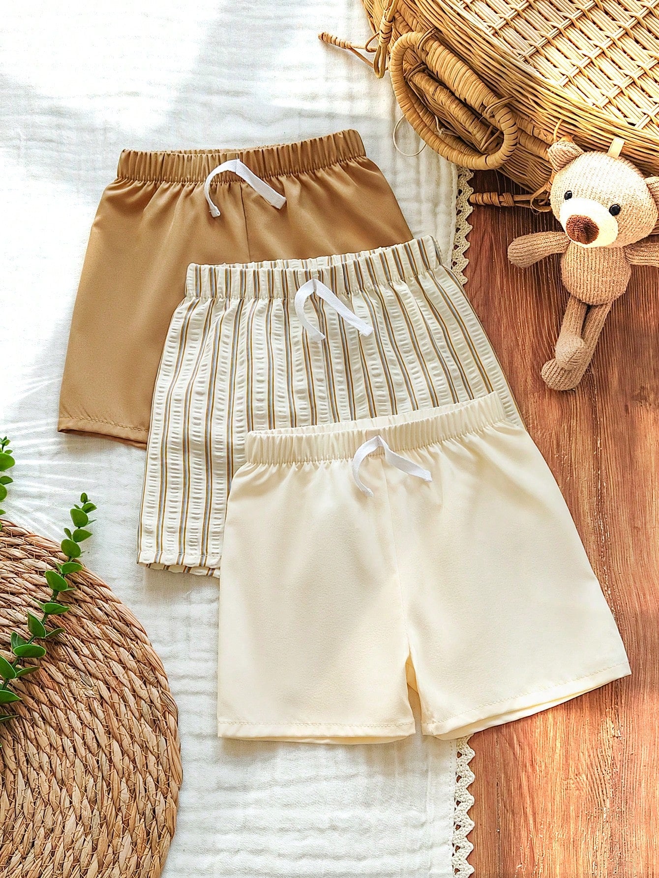 3pcs Boys Drawstring Elastic Waist Shorts Set - Ecru | 21 Century Kids