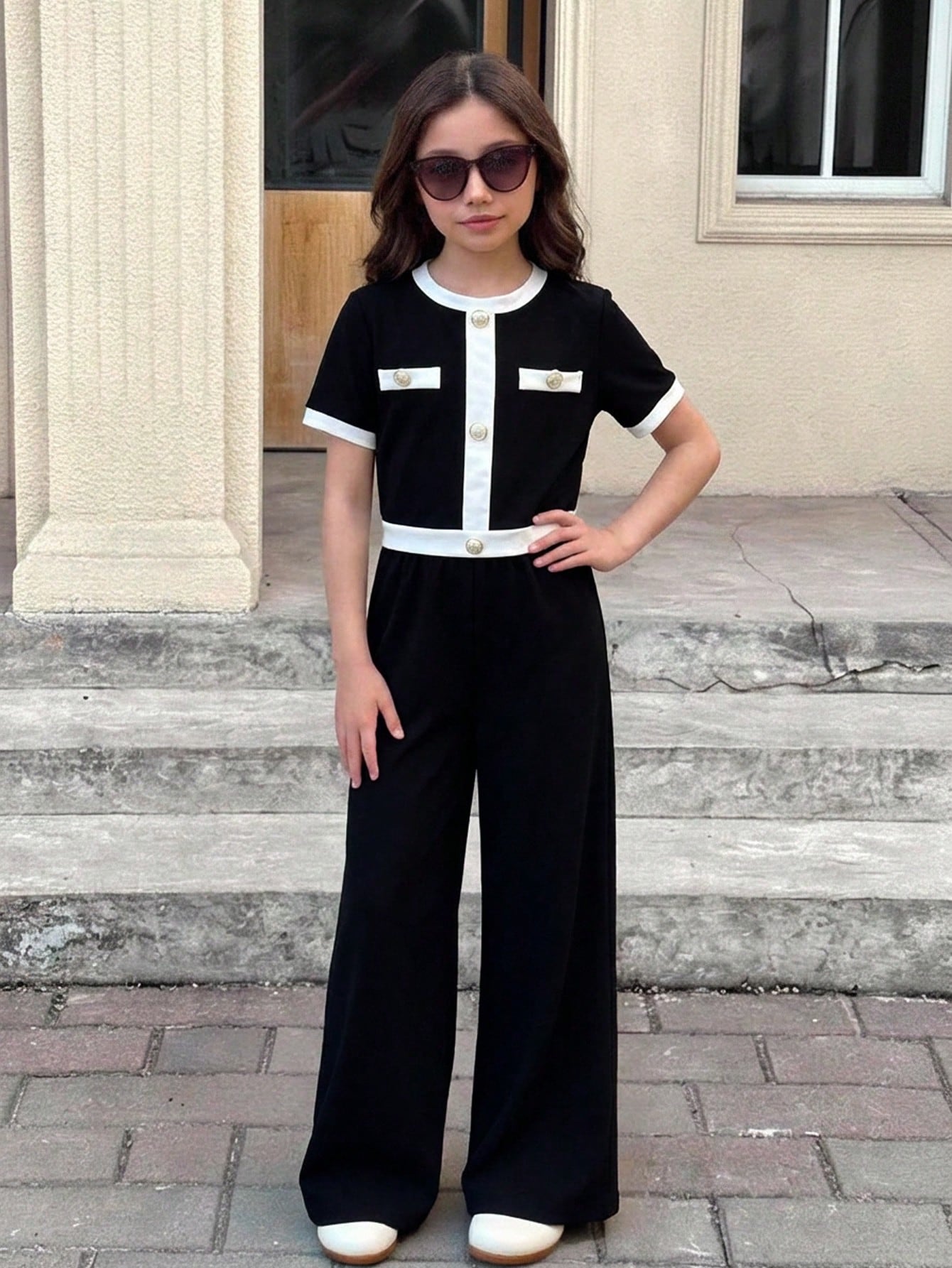2pcs Girls Contrast Trim Gold Button Top & Wide-Leg Pants Set - Ony...