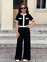 2pcs Girls Contrast Trim Gold Button Top & Wide-Leg Pants Set - Ony...