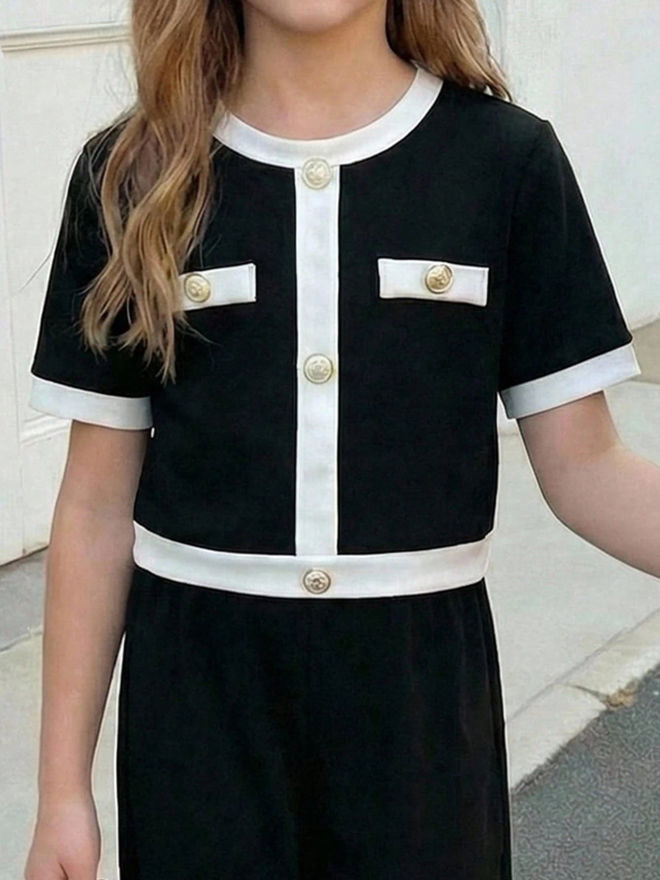 2pcs Girls Contrast Trim Gold Button Top & Wide-Leg Pants Set - Ony...