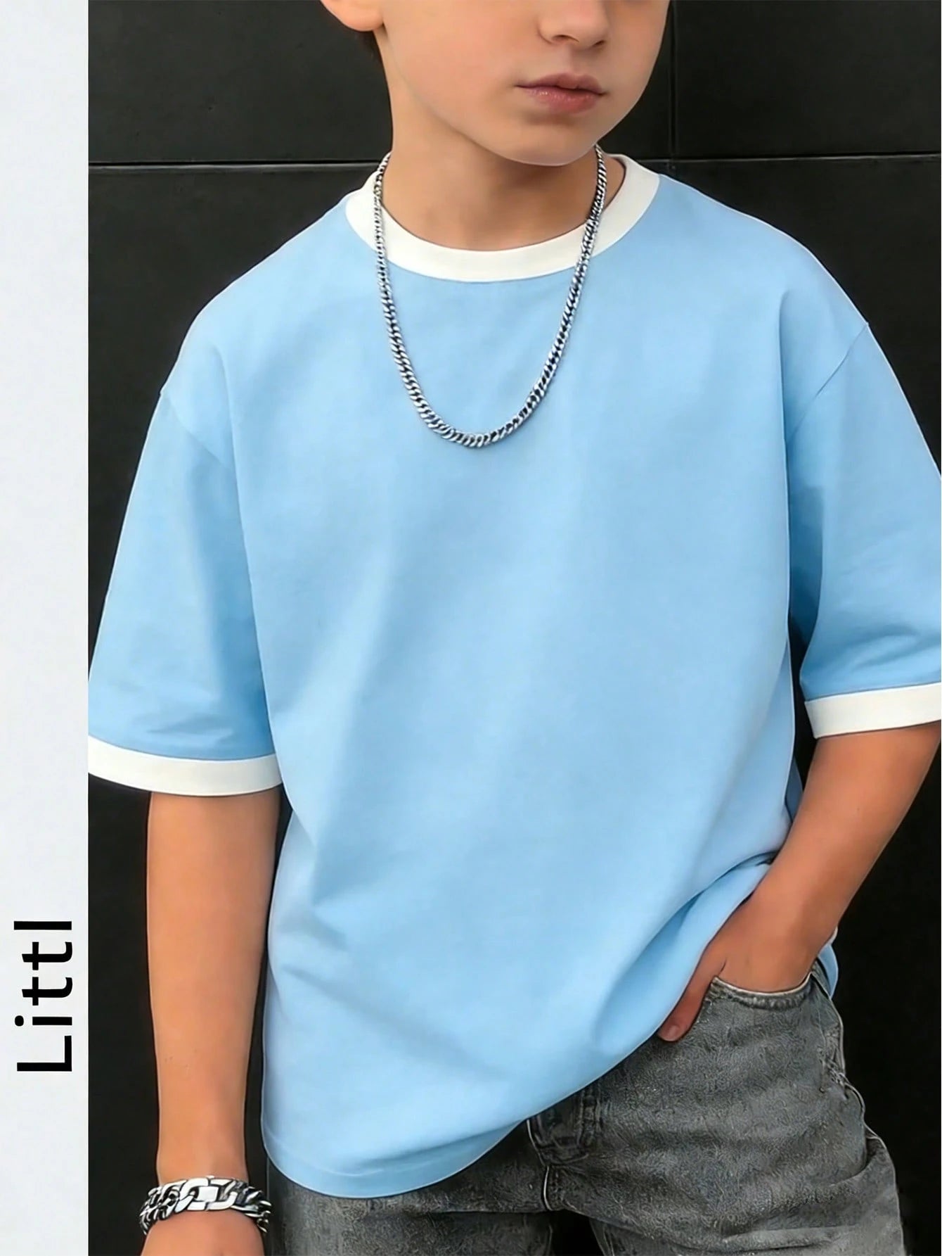 Big Boys Contrast Tipped Drop Shoulder T-Shirt - Cerulean | 21 Cent...