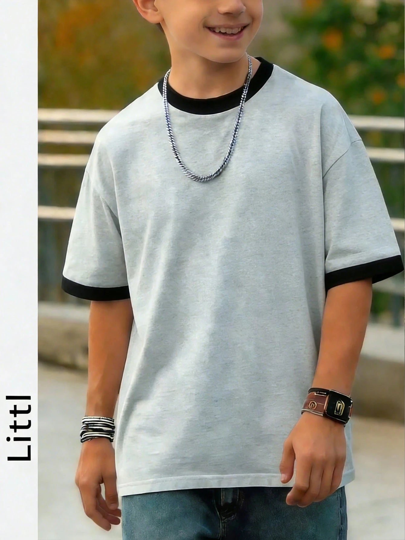 Big Boys Contrast Ringer Drop Shoulder T-Shirt - Ash | 21 Century Kids