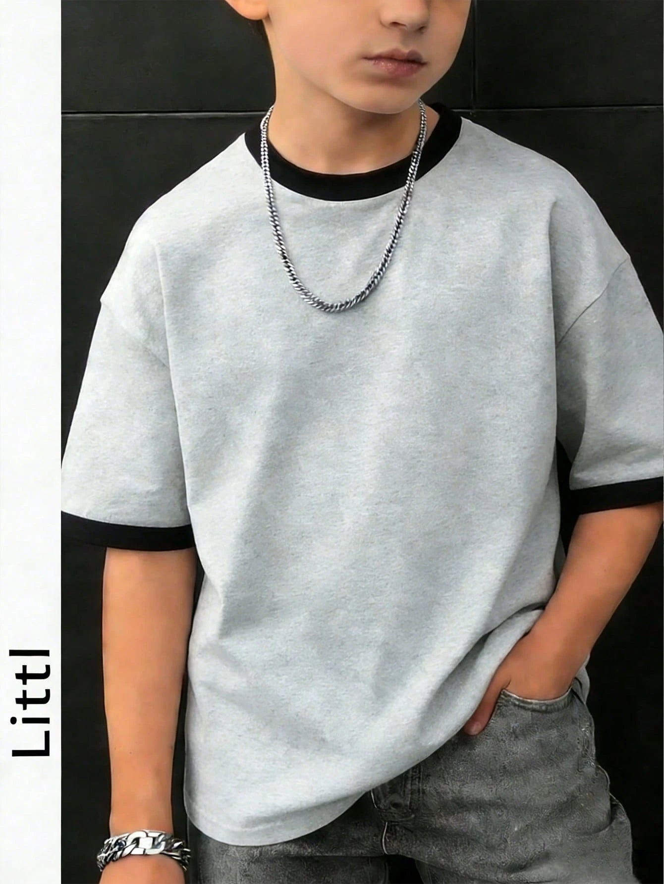 Big Boys Contrast Ringer Drop Shoulder T-Shirt - Ash | 21 Century Kids