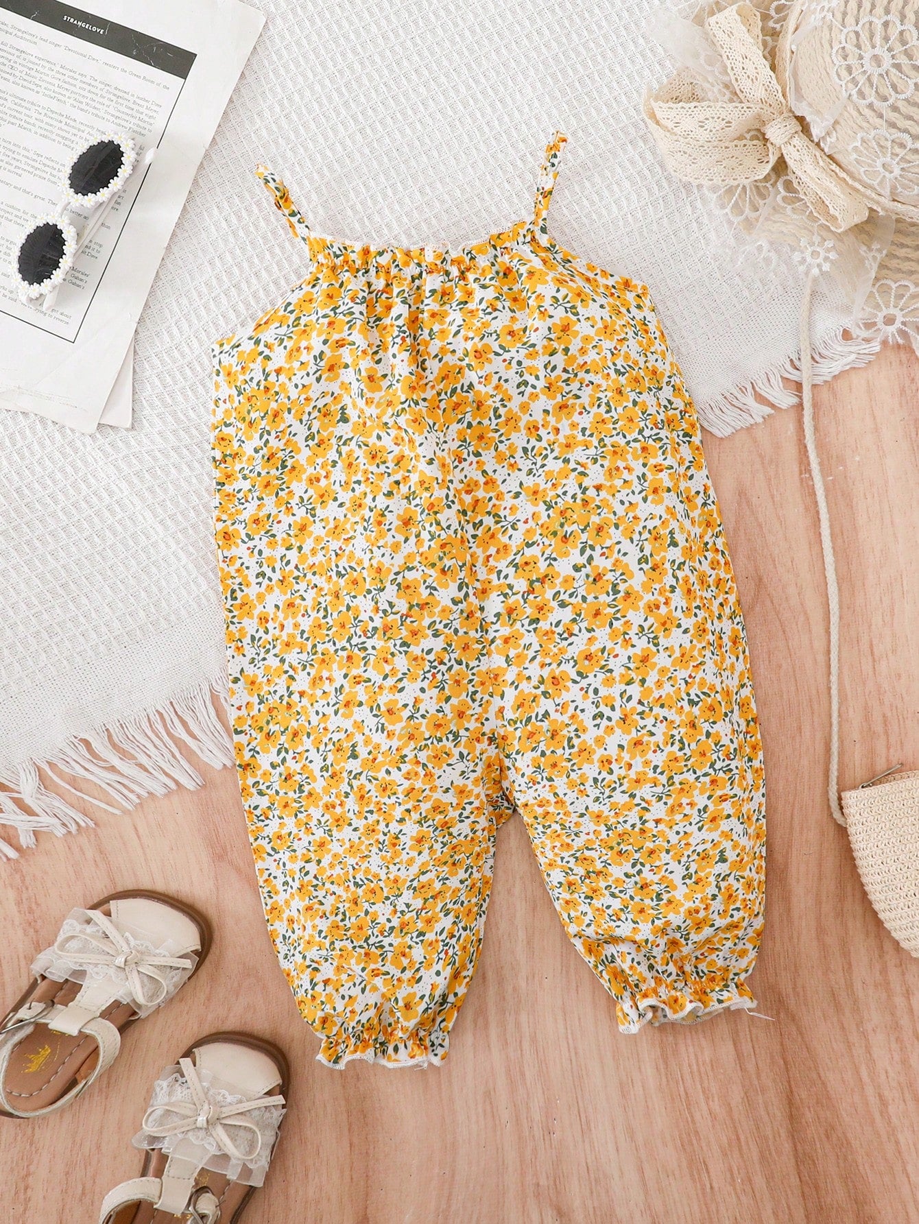 Girls Floral Spaghetti Strap Romper - Buttercup