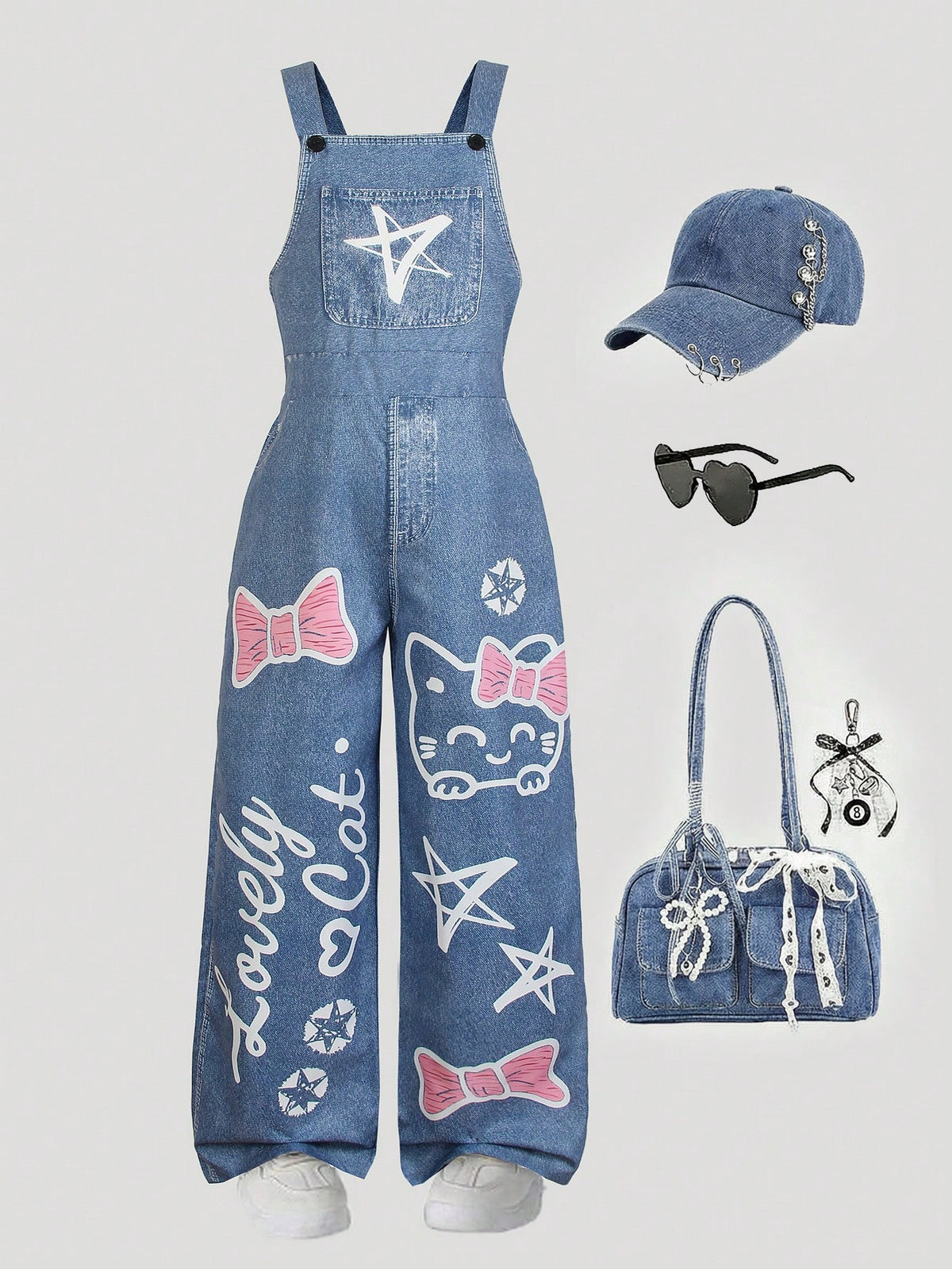 Big Girls Graphic Print Wide-Leg Denim Dungaree - Cobalt | 21 Centu...